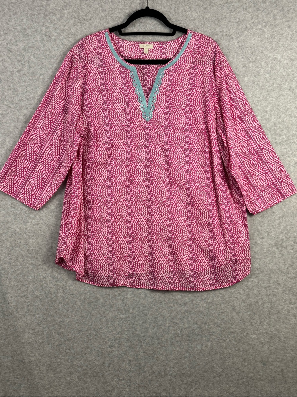 Talbots Woman 2X Pink Geometric Print Cotton Tunic Top Blue Embroidered Trim